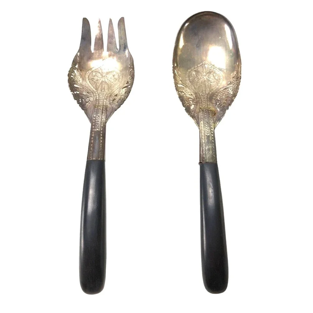 Malaysian Mohd Salleh Silver Plated Serving Fork & Spoon Vintage Post-1940